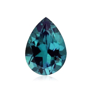 May include: A pear-shaped gemstone with a deep blue-green color and a shimmering, iridescent effect.