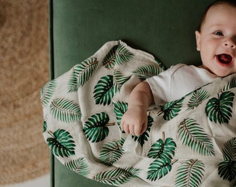 Muselina de hojas de Monstera - 100 % bambú natural - Cuadrado de 60 cm - Paño para eructar, manta de lactancia, manta de verano - Regalo para baby shower con estampado de selva