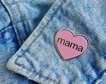 Mama Heart Enamel Pin Badge Pink and Silver - New Mum Gift Baby Shower Arrival Support Love Mom Maternity Leave Present Modern You Got This