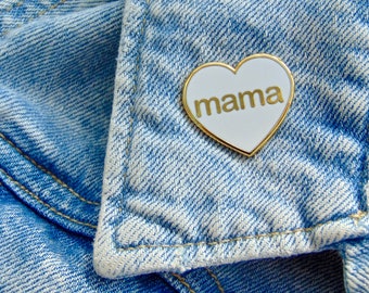 Mama Heart Enamel Pin Badge White and Gold - New Mum Gift Baby Shower Arrival Support Love Mom Maternity Leave Present Modern You Got This