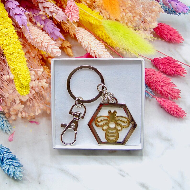 Garden Nature Lover Thank You Teacher Gift Metallic Silver Bumble Bee Keychain