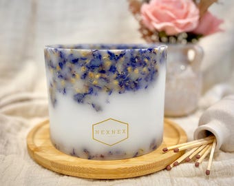 Vela de cera de aciano azul - Farol de huracán - Centro de mesa para boda estilo bohemio - Flores secas azules y amarillas