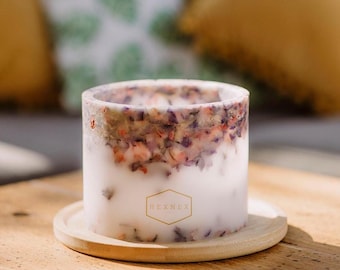 Vela de cera con pétalos de confeti caleidoscopio - Farol de vela huracán - Centro de mesa para bodas - Flores secas rosas y moradas