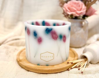 Vela de cera con forma de flor de falaris rosa y verde azulado - Farol de vela huracán - Centro de mesa para bodas - Día de la Madre - Flores secas