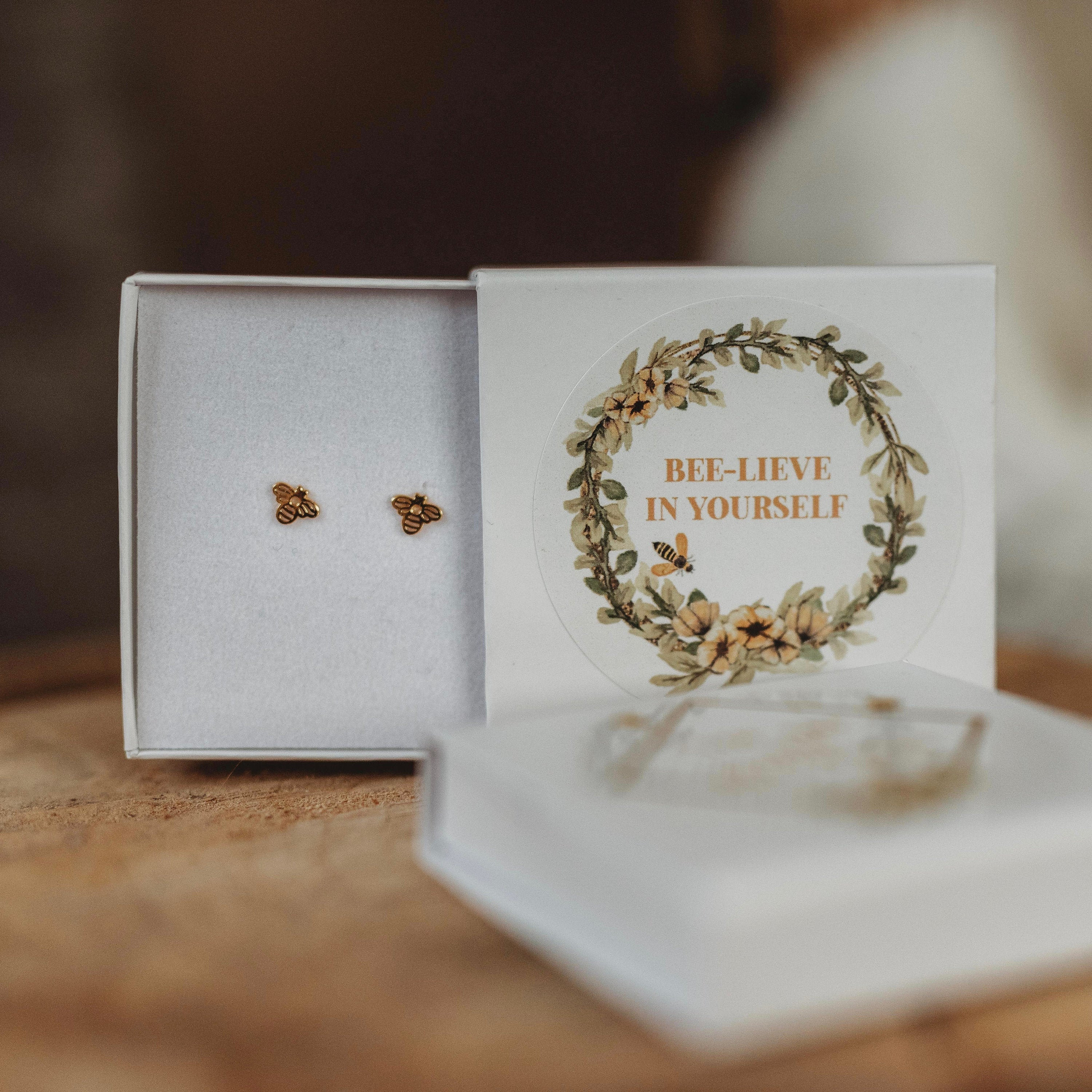 Gold Bee Earrings - Sterling Silver - Beelieve in Yourself - Exam Support Present New Job - Unique Gift for Her - Delicate Minimalist Studs