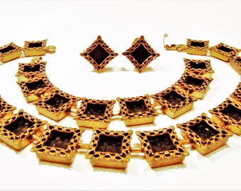 Vintage Matisse Renoir  Modernist Copper Enamel Necklace Bracelet Earring Parure set