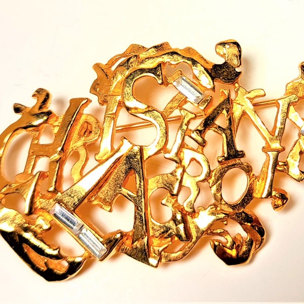 Vintage Christian Lacroix Jeweled Signature Name  Brooch In a Leaf Shape