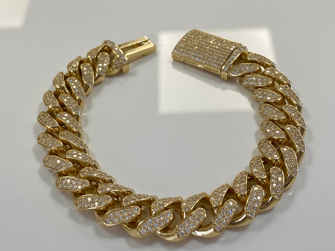 Cuban Link Mens Diamond Bracelet 14k Yellow Gold 7.65 | Etsy