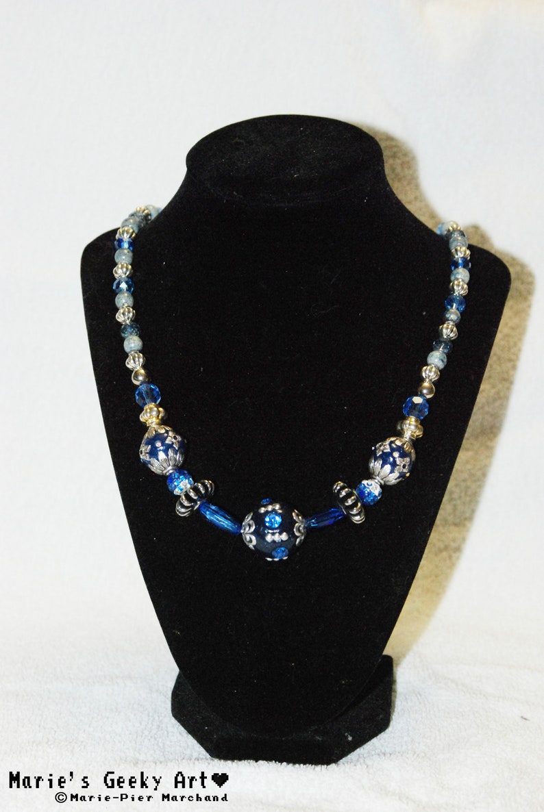 Beautiful blue and silver colored beads necklace