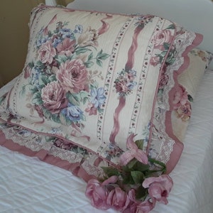 Cream Lace Vintage Elizabeth Gray Victoria Roses and Ribbons Flat Sheet Pink Piping Ruffled Flat Sheet Elizabeth Gray Full Flat Sheet