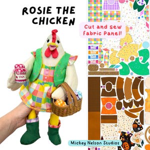 May include: A Rosie the Chicken cut and sew fabric panel featuring a plush chicken doll wearing a plaid dress, green vest, and green boots, holding a jar of raspberry jam and a basket. The panel includes various printed fabric pattern pieces.