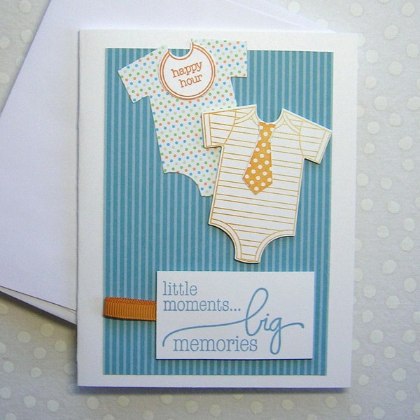 Little Moments ~ greeting card, blue, orange, polka dots, stripes, onsie, tie, happy hour, boy, baby, Shower Gift, Welcome Baby