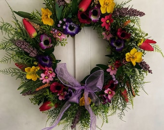 Wildflower wreath fern and eucalyptus faux floral door wreath. Tulip Anemone artificial door wreath
