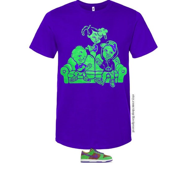 Purple Green Bebes couch shirt for Veneer Dunk