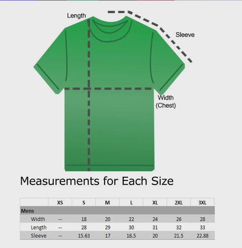 May include: A green t-shirt diagram with dashed lines indicating length, width, and sleeve measurements. Below the graphic, a table titled Measurements for Each Size lists width, length, and sleeve dimensions in inches for sizes S to 3XL.