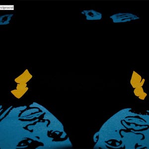 May include: Abstract art print featuring two stylized blue faces with yellow accents against a black background. The artwork has a pop art style, with bold colors and simple shapes. The faces are looking up, with a yellow shape above each.