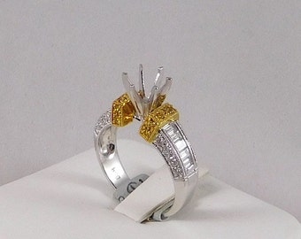 Engagement Ring Mounting, 18k White and Yellow Gold with White and Yellow Diamonds. 0.85TCW