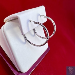 14k White Gold Hoops With Diamond Cut