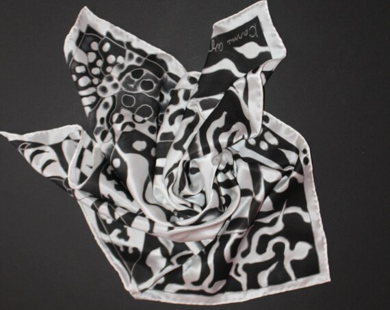 Painted silk scarf,Square satin scarf,Black scarf,White scarf,Leaves scarf,Gift for her,Abstract scarf,Painted silk,Etsy ASAP,Head scarf