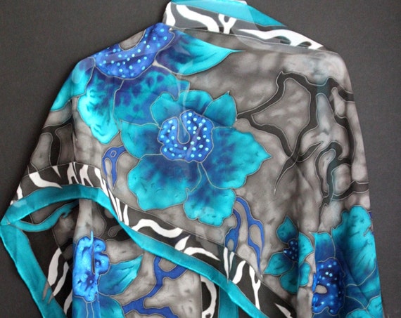 Hand painted azure gray floral silk long silk chiffon scarf