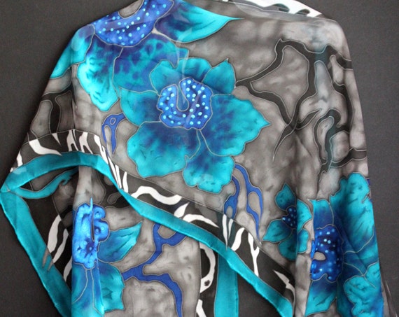 Hand painted turquoise blue floral scarf,Silk chiffon scarf, Blue orchid