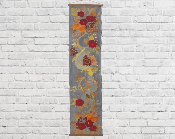 Silk panel art pomegranates Hand painted Wall décor Painting on silk Wall hanging Panel Panno Wall ART Picture Textile ART