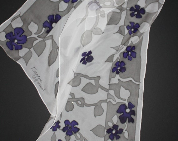 Shipping from US,Forget me not,Hand painted silk scarf,Long white chiffon scarf,Purple flowers,White floral scarf,Batik,Gift for her