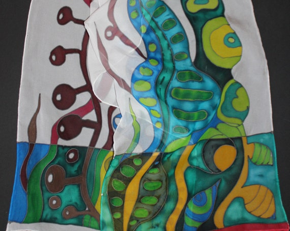 Hand painted scarf,White green scarf,Long Chiffon scarf,Painted silk,Leaves scarf,Gift for her,Fall scarf,Etsy asap,Yellow and blue scarf