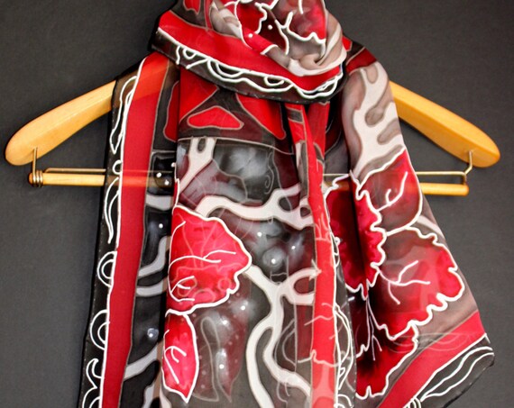 Hand painted scarf,Silk chiffon,Red black,Floral Chiffon scarf,Long red scarf,Orchid,Animal print,GIft for her,Holiday birthday gift