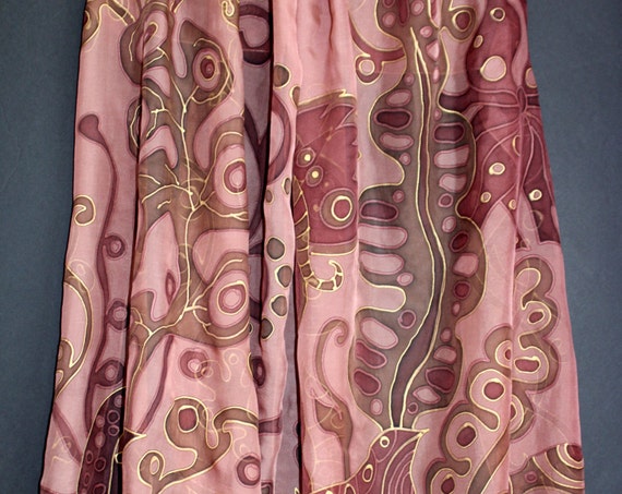 27-79 in hand painted silk scarf,Brown chiffon, Long Large Sparkle scarf,Sarong Wrap,Chiffon scarf,Batik,Gift for her