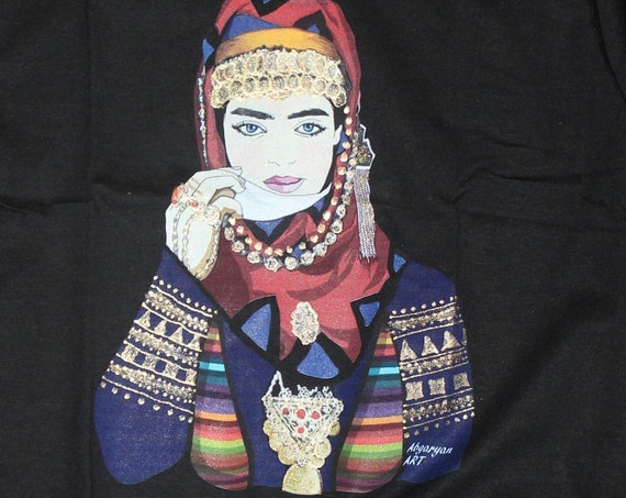 HAND PAINTED Armenian T-shirt,Cotton T-shirt,Armenian Lady with traditional clothing,Armenian taraz
