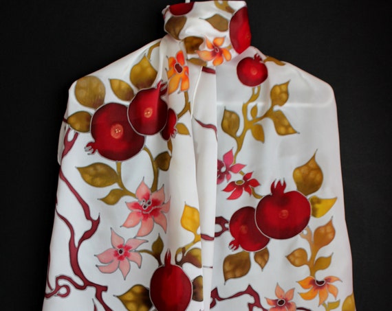 Hand painted pomegranate scarf, Long satin scarf,Armenian Jewish scarf,Gift for mother,Armenian art,Armenian gift,Red white,Elegant, For her