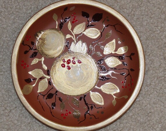 Hand painted Terra Cotta Clay Saucer for home decor, Pomegranate 7 in diameter