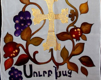 Witte chiffon sjaal, handgeschilderde sjaal, geschilderde lange sjaal, Armeens Heilig Kruis, Granaatappel sjaal, Geschilderde zijde, Cadeau voor Armeense, Armeense kunst