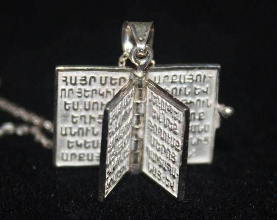 Mini Prayer Book Pendant,Armenian sterling silver pendant chain, Hand made in Armenia, Armenian Lord's Prayer Our Father