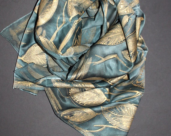 Hand painted leaves scarf,Hand dyed green satin scarf,Luxury long silk scarf,Gold leaves,Deep green,Etsy ASAP,Gift for her,For mother