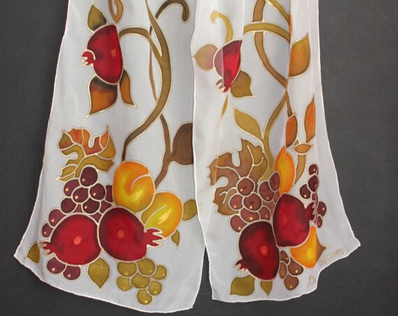 Hand painted long silk scarf, Pomegranate Apricot,Armenian scarf,Etsy ASAP,White silk chiffon scarf,Fruits,Gift for her Hanukkah