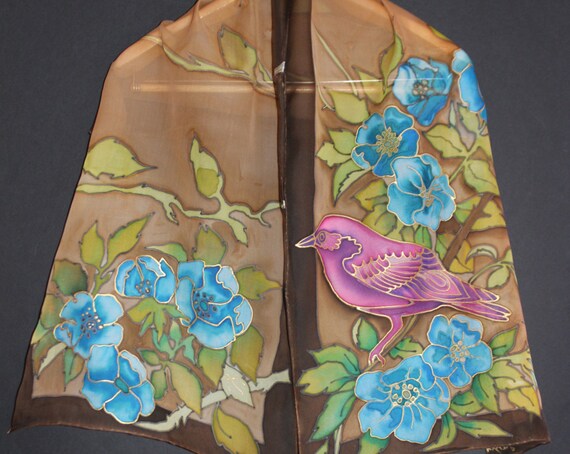 Hand painted silk scarf,Long painted chiffon scarf,Brown ivory purple,Gold bird,Floral,Blue flowers,Animal scarf,Nature,Gift for her,Batik