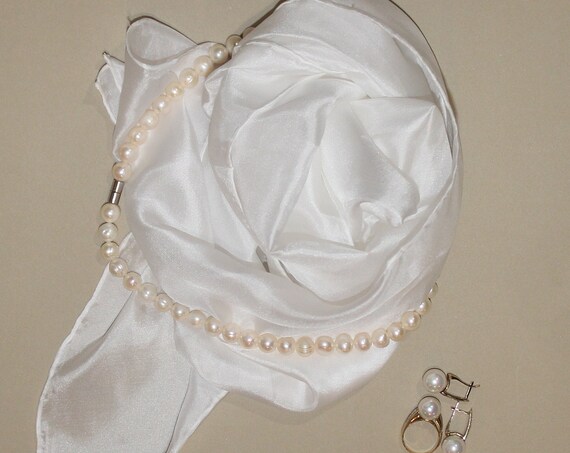 REAL SILK!!! 71-9 in white silk scarf, off-white color scarf with hand stitched edges