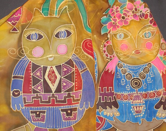 Shipping from US,Hand painted cat scarf,Cat silk scarf,Armenian gift,Armenian art,Gift for her,Batik,Etsy ASAP,Long green chiffon scarf