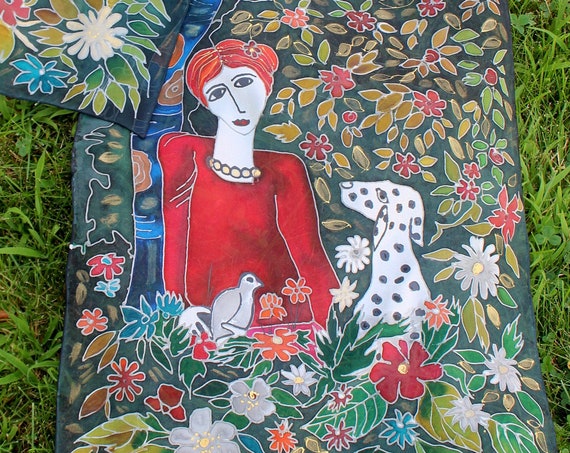 Hand painted silk scarf , Inspired by Costel Iarca s Lady in the Garden gorgeous piece of art