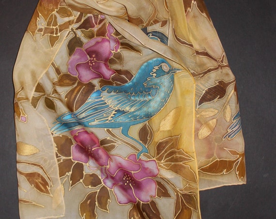 Hand Painted Silk Scarf,Gold Blue Bird scarf,Rose scarf,gift for her,for mother,Bird lover gift