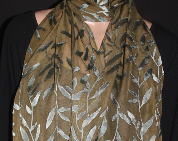75-13 in Hand dyed silk scarf, Sage green extra long Scarf, Oversized Shawl, Lightweight Scarf, Scarf for Her, evening dress light wrap
