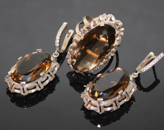 Oval Smoky Topaz sterling silver jewelry set