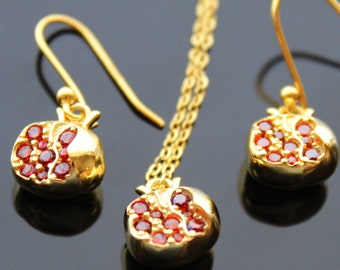 925 Sterling silver 18K gold plated pomegranate earrings and necklace
