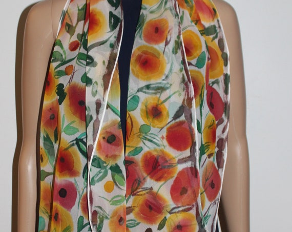 61-16 in hand painted silk summer scarf,Floral white yellow orange green long scarf,Head cover,Leaves flowers,Gift for her
