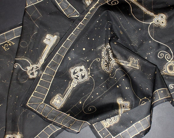 Hand painted key scarf, Gold Key long scarf, black and gold scarf