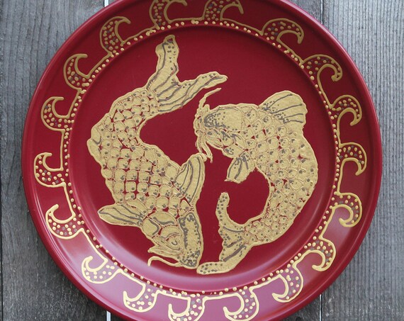 Hand painted Stoneware plate Gold Koi fish