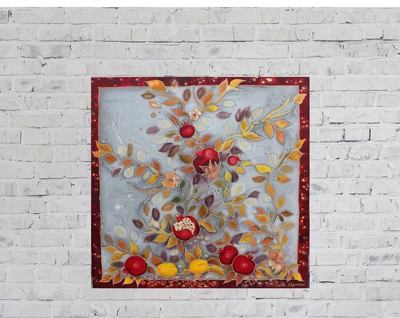 Original painting on silk,Pomegranate art,Fruits wall hanging,Silk Wall art,Silk art Hanukkah Jewish,Armenian painting,Armenian wall decor