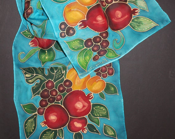 Hand painted silk scarf,Fall gift,Thanksgiving gift,Fruits,Armenian pomegranate chiffon scarf,Azure blue red scarf wrap,Etsy ASAP gift